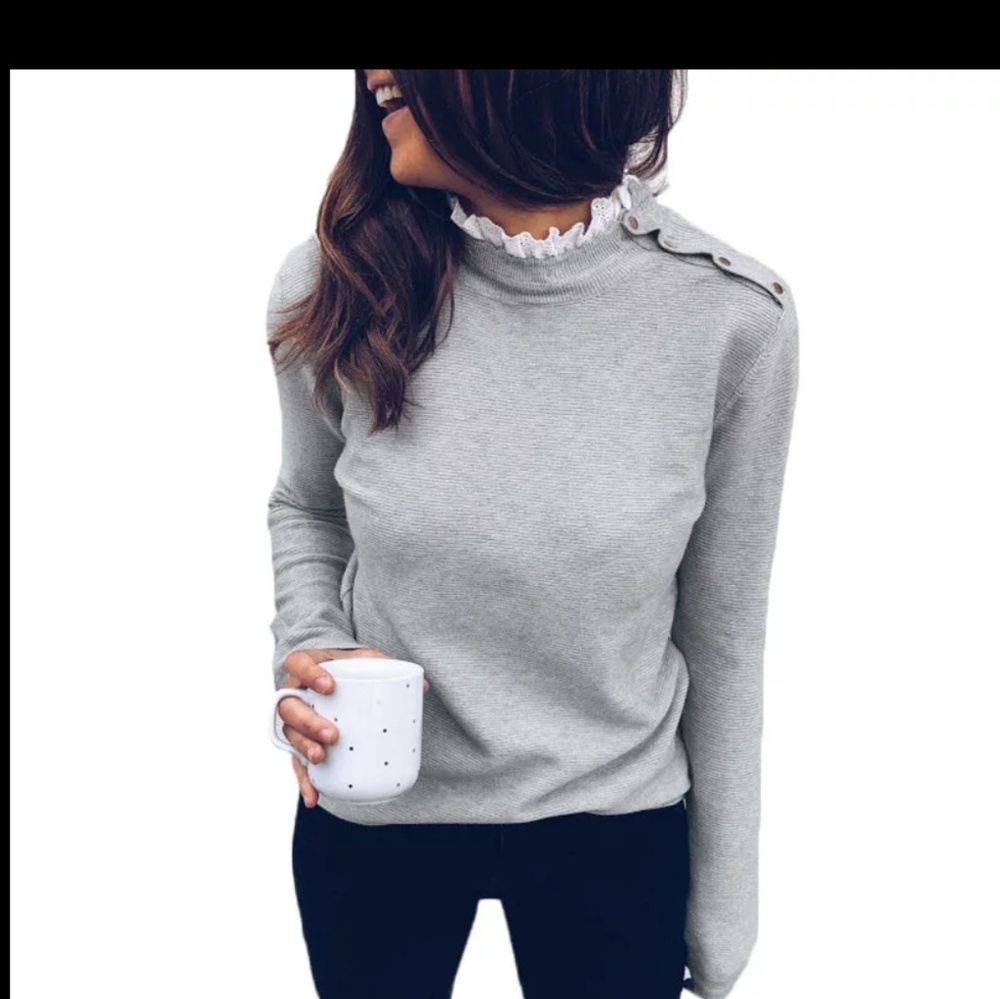 Autumn Fashion Knitted Top Laceneck Button Blouse